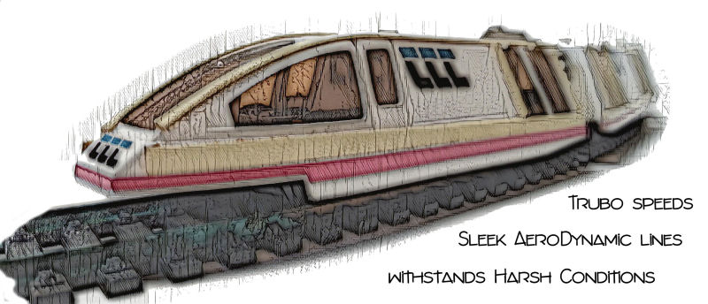 Mines of Xenon turbo train for sci-fi model railroad; concept art